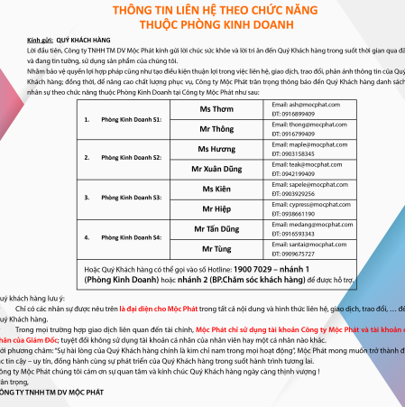 Thông báo liên hệ theo chức năng thuộc phòng Kinh Doanh