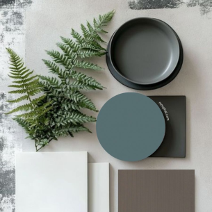 Moodboard _ Sự Kết Hợp Hài Hòa Giữa Màu Vân Vải Trầm Ấm 0721 và Xanh Dịu Nhẹ Acrylic G864